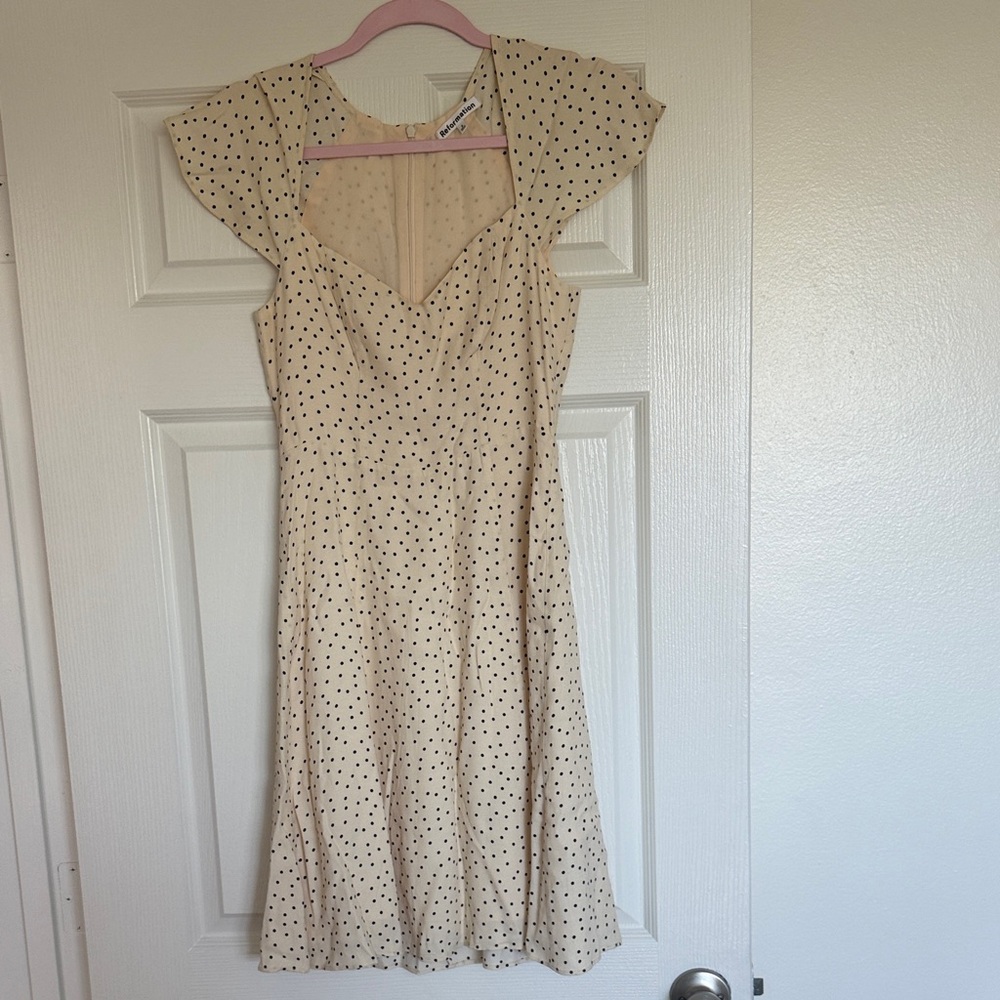 Reformation Cream Dress with Black Polka Dots NWOT